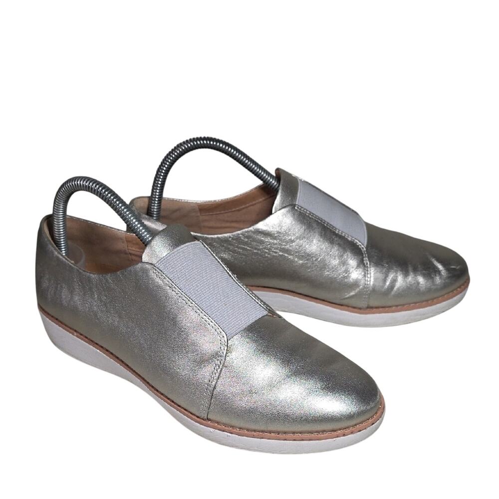 FitFlop Laceless Derby Silver Metallic Slip-On Shoes Womens Size 8.5